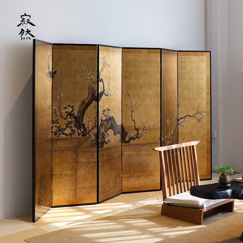 宋代美学金箔屏风隔断中式手绘漆画日式J客厅茶室侘寂风折屏定制
