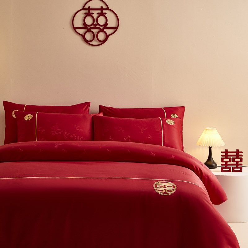 新中式提花结婚四件套婚庆大红色被G套新婚喜被罩床单床上用品,床上用品,婚庆床品套件,淘宝优惠券,粉丝福利购,淘宝优惠卷