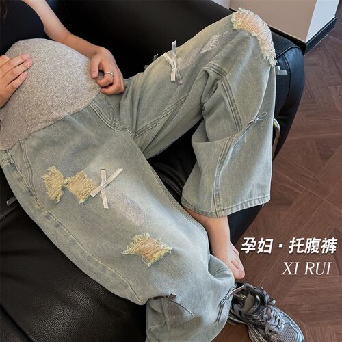 孕妇裤夏季薄款h2025新款宽松牛仔宽裤外穿不勒肚子托 托腹裤小个