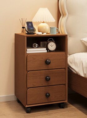 黑色床头柜带轮可移动床头置物柜实木床边侧边柜60cmW加高柜置物