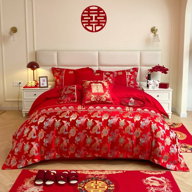 中式龙凤结婚四件套大红色新B婚陪嫁被套喜被婚庆床上用品,床上用品,婚庆床品套件,淘宝优惠券,粉丝福利购,淘宝优惠卷