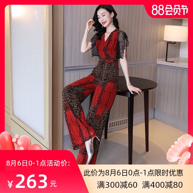 雪纺连体b裤女夏长款2021气质蕾丝连身裤时尚套装连衣阔腿裤2170