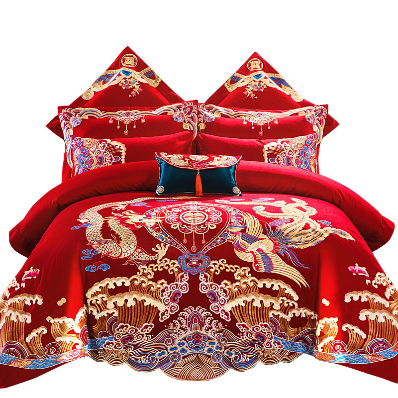 全棉新婚庆四件套k大红色长绒棉龙凤刺绣喜被套结婚六八十件套床,床上用品,婚庆床品套件,淘宝优惠券,粉丝福利购,淘宝优惠卷