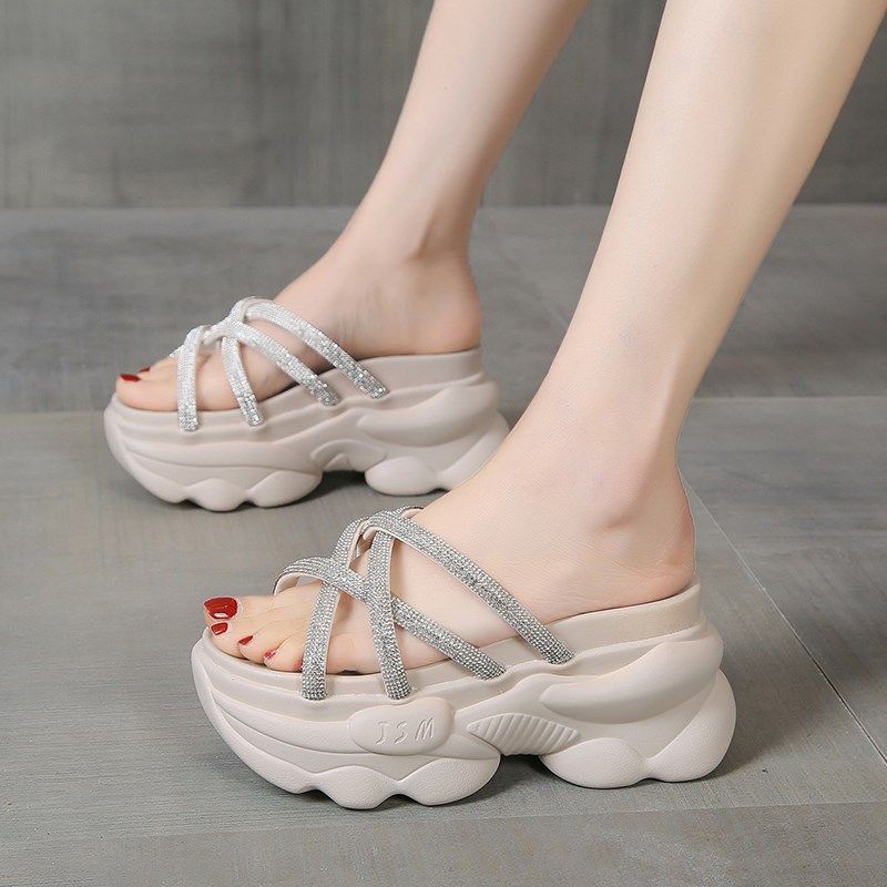 小个子松糕厚f底凉拖鞋女夏季外穿法式增高跟交叉水钻一字拖沙滩,女鞋,一字拖,淘宝优惠券,粉丝福利购,淘宝优惠卷