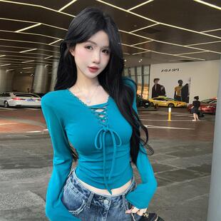 显瘦打底衫 休闲针织上衣 T恤女秋冬设计感修身 纯欲辣妹V领绑带长袖