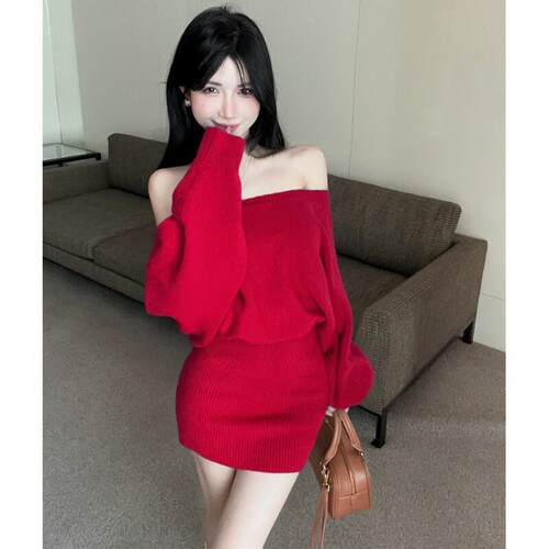 韩系慵懒风气质性感斜肩长袖洋装女秋季凸显身材修身针织毛衣短裙