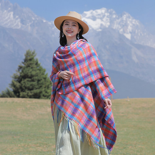 彩色民族c风开叉巾云南春夏季披肩外搭围巾旅游拍照披风保暖斗篷