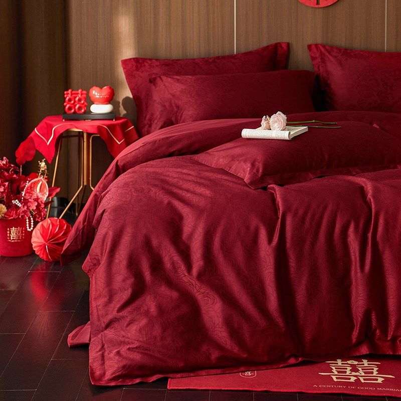酒红色婚庆10i0支长绒棉四件套全棉提花结婚床单被套床上用品8,床上用品,婚庆床品套件,淘宝优惠券,粉丝福利购,淘宝优惠卷