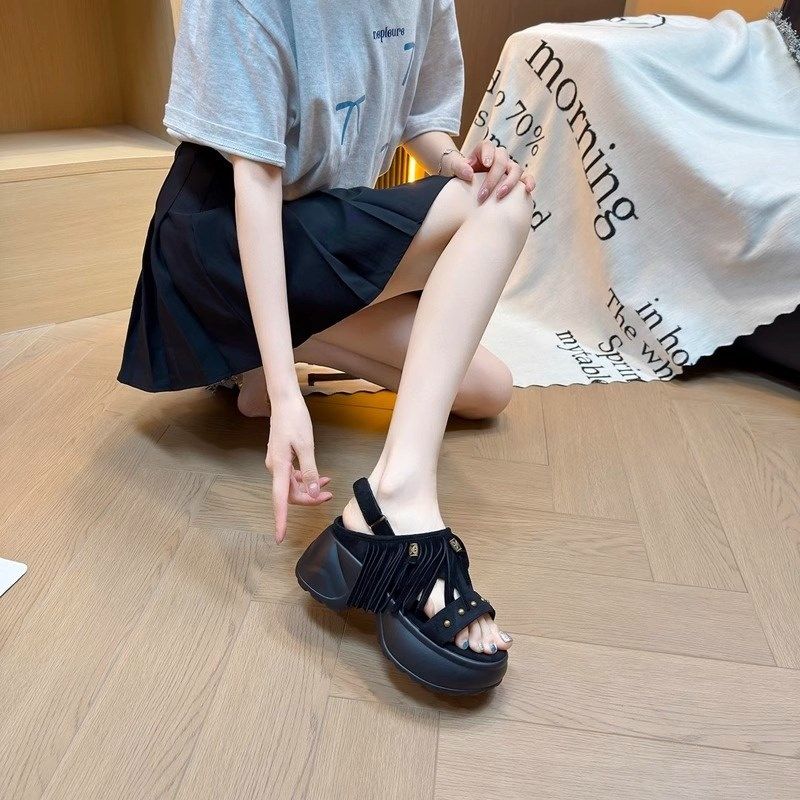 厚底松糕凉鞋女2025年夏季新款百搭增F高8cm透气软皮流苏休闲女鞋,女鞋,罗马凉鞋,淘宝优惠券,粉丝福利购,淘宝优惠卷