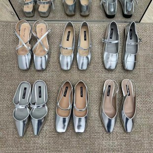 银色包头凉鞋女低跟m2023年夏季新款韩版方头后空单鞋女包头半拖