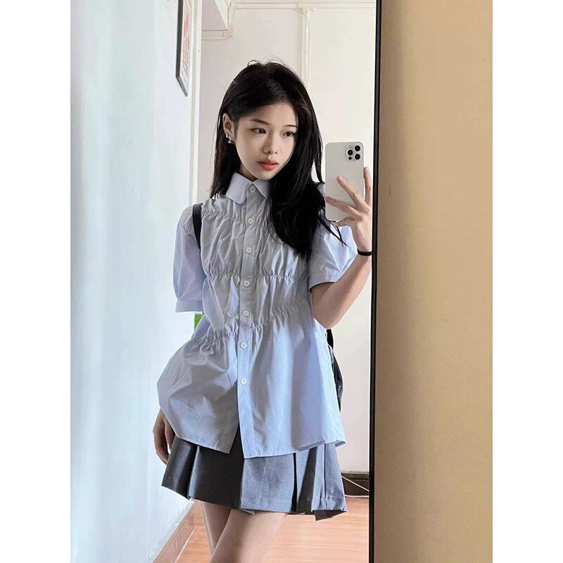 甜美蓝色褶皱衬衫套装女夏季小个A子日系学院风jk衬衣百褶裙两件