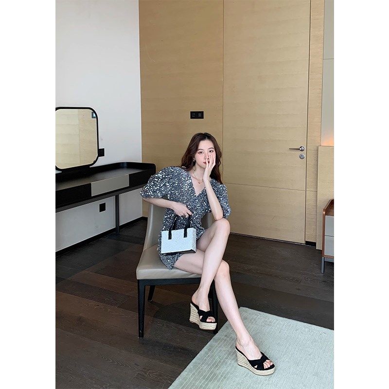 草编坡跟凉拖鞋女k夏外穿2025松糕厚底一字拖鞋防水台黑色高跟凉