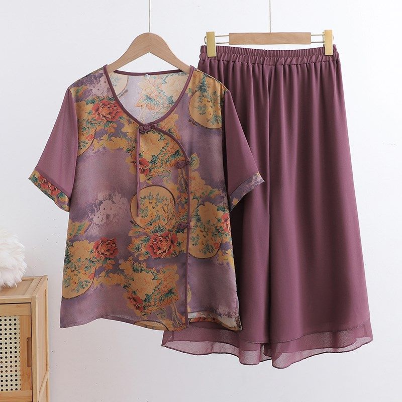 母亲节妈妈夏季雪纺套装r国风新款中老年女花色新中式阔腿裤两件,女装/女士精品,中老年女装,淘宝优惠券,粉丝福利购,淘宝优惠卷