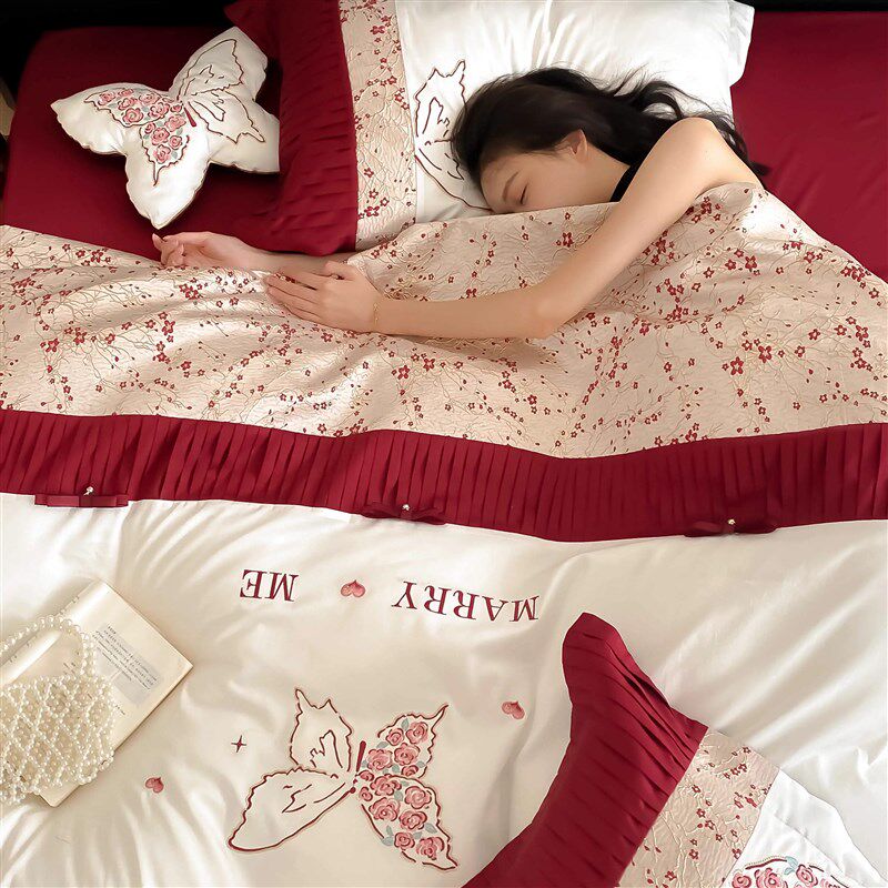 法式浪漫a婚庆100支长绒棉四件套全棉红色刺绣款结婚床上用品,床上用品,婚庆床品套件,淘宝优惠券,粉丝福利购,淘宝优惠卷