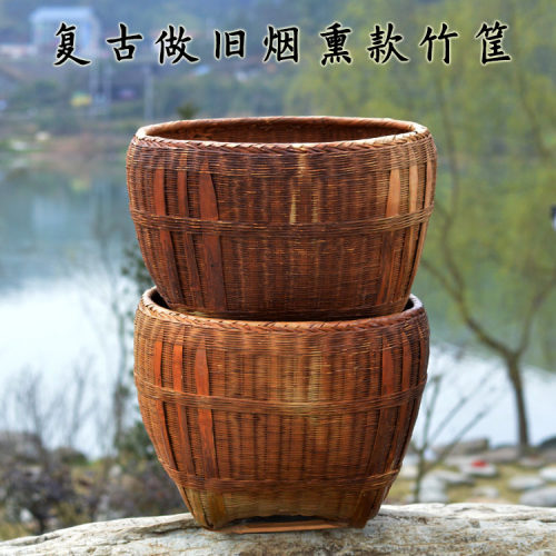 手工竹编烟熏筐大竹筐篓子婚礼竹筐家K俱收纳筐簸箕做旧竹箩筐