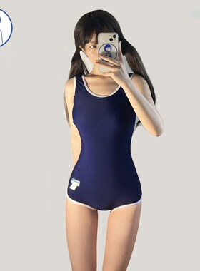 日系可爱少女甜美藏蓝色学生校园保守游泳运动竞速紧身.连体泳衣