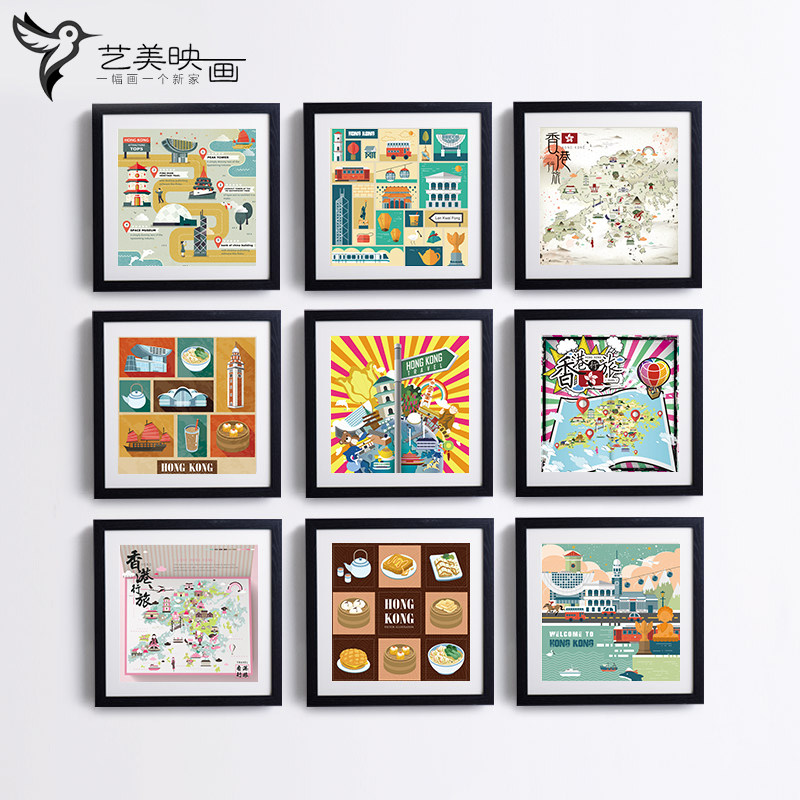 港岛记港式风情茶香港特色地图点心糕点标志饰挂画框