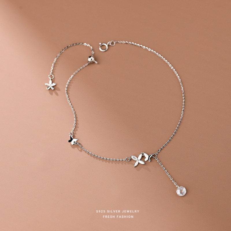 s925纯银蝴蝶镶钻脚链女轻奢