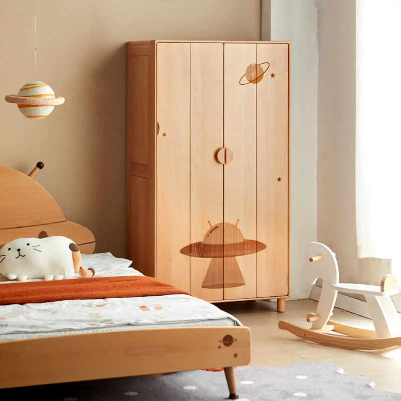 维莎实木儿童衣柜简约卧室卡通储物柜大容量男孩女孩欧洲榉木衣橱
