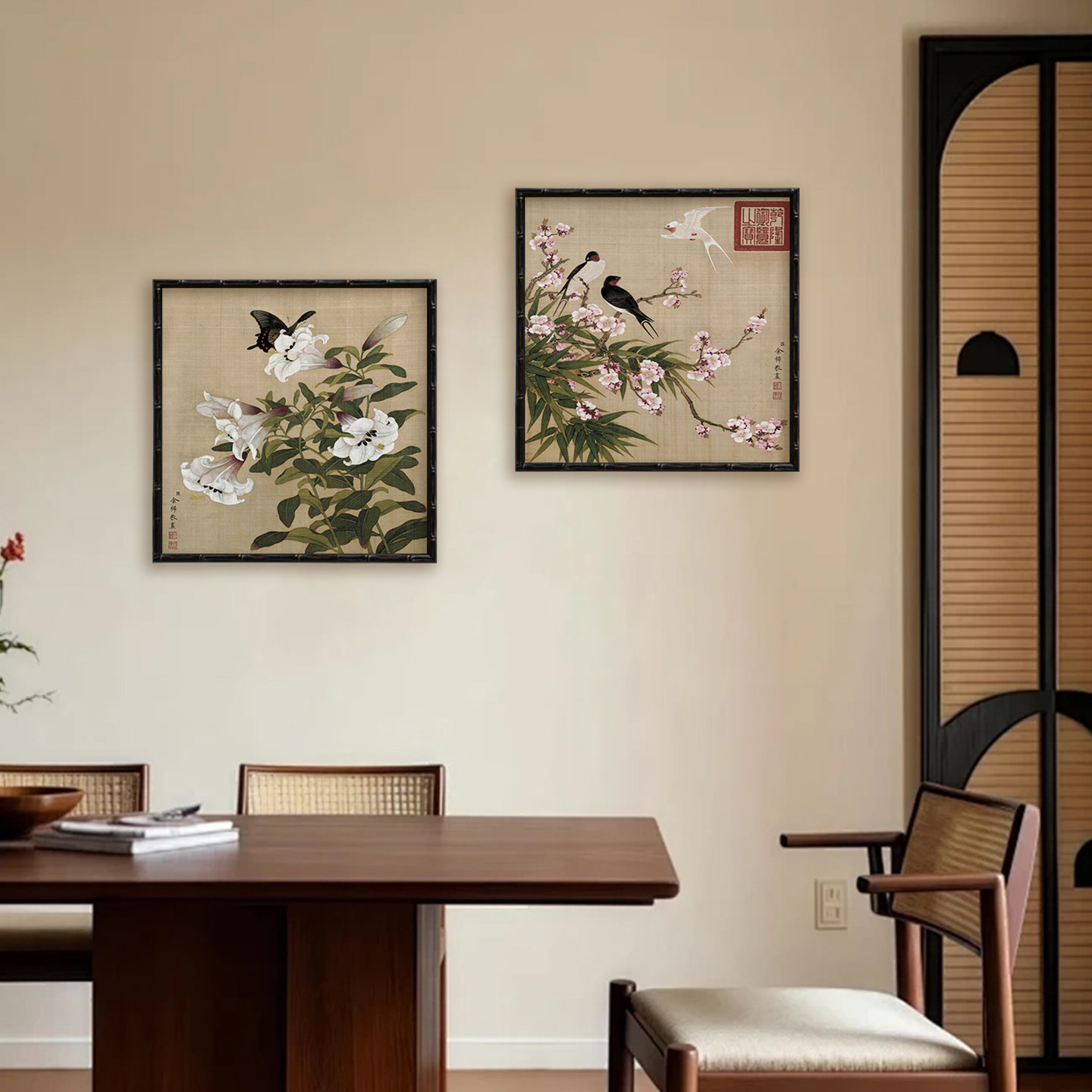 新中式复古花鸟图肌理油画免打孔装饰画实木相框挂画餐边玄关壁画