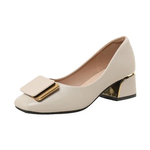 粗跟单鞋女夏2023新款百搭方头妈D妈鞋中跟气质高跟鞋职业大码女