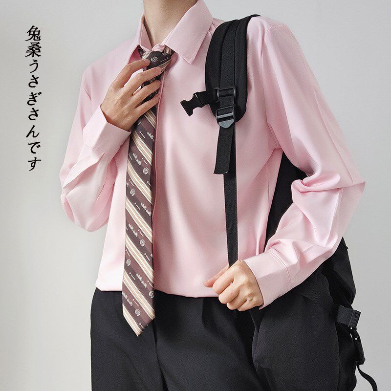 dk制服男学院风粉红o色长袖衬衫高中生秋冬内搭百搭高级感少年衬