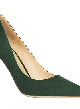 2023秋新款法式l墨绿色尖头高跟鞋女细跟绒面小众设计感职业单鞋