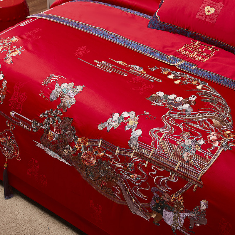 喜被四件套结婚大红色刺绣百z子图新中式婚庆床上用品十件套,床上用品,婚庆床品套件,淘宝优惠券,粉丝福利购,淘宝优惠卷