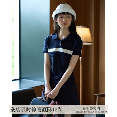 aww 序纶·针织手工打褶撞色拼接polo衫复古藏青T恤波点短袖羊毛