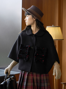 aww 日系少女·黑色短外套蝴蝶结波点斗篷廓形波点蝴蝶结上衣女