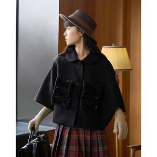 aww 日系少女·黑色短外套蝴蝶结波点斗篷廓形波点蝴蝶结上衣女