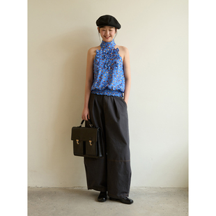 aww 复古蓝调·法式修身挂脖吊带荷叶边挂脖花苞夏季上衣小众设计