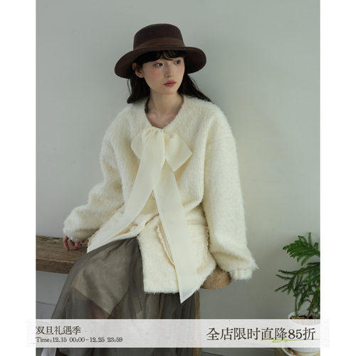 aww 本期必入·云朵细绒·欧根纱蝴蝶结系带毛茸茸外套白色短上衣