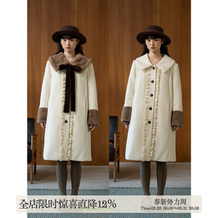 口渐变仿貂毛 秋冬外套女秋冬袖 aww 可拆卸毛领·米白撞色中长款
