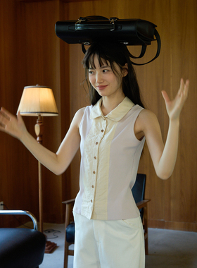 aww 粉紫橘黄时·肌理感面料撞色小圆领无袖背心复古紫粉拼接上衣