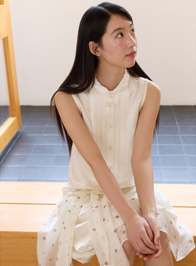 aww 白茶少女·泡泡袖衬衫醋酸无袖设计腰部系带独特小上衣女夏