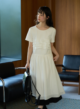 aww 褶皱多重设计·重工系列白色波点拼接短袖连衣裙