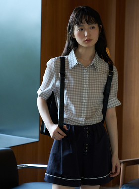 aww 含真丝收腰·灰色格纹短袖衬衫休闲复古收腰亲肤透气小衬衣