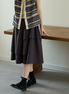 aww 多重设计·重工系列100%棉不规则拼接半裙紫灰色A字长裙夏季