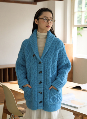 aww 超克重含羊毛·青果领宽松绞花毛衣外套