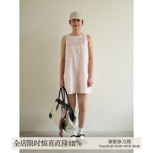 aww 连衣裙圆领拼接镂空A字宽松长裙春夏 100%亚麻·粉色蕾丝无袖