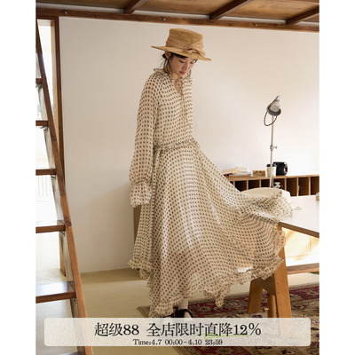 aww 重工·喇叭袖雪纺连衣裙A字v领木耳边大裙摆长裙