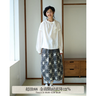 aww 轻盈奶皮感手工花花·翻领系带灯笼袖希塞尔手工刺绣长袖衬衫