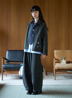 aww 手工定珠酵洗外套·彩色纽扣装饰刺绣宽松外套灰色外衣秋冬