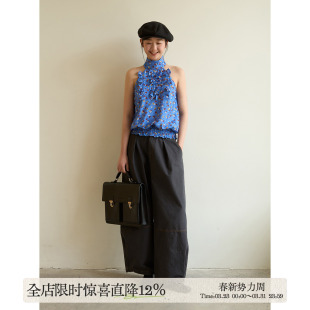 aww 复古蓝调·法式修身挂脖吊带荷叶边挂脖花苞夏季上衣小众设计