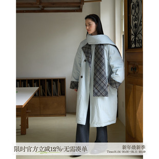 aww 可拆卸·浅蓝色围巾式撞色长款棉服女圆领设计拼接格纹外套