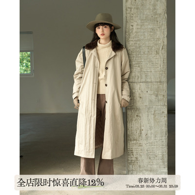 aww  做旧质感廓形·娃娃领撞色卡其色长款棉服秋冬保暖外套