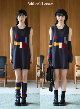 aww 柔软质感复古时髦·烟灰蓝森系针织连衣裙摩登少女风带袖套