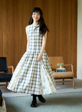 aww 立裁拼接·重工系列无袖格纹拼接连衣裙复古森系背心长裙