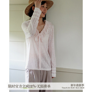 aww 樱花飘逸·V领镂空小花上衣蝴蝶结系带蕾丝边休闲长袖